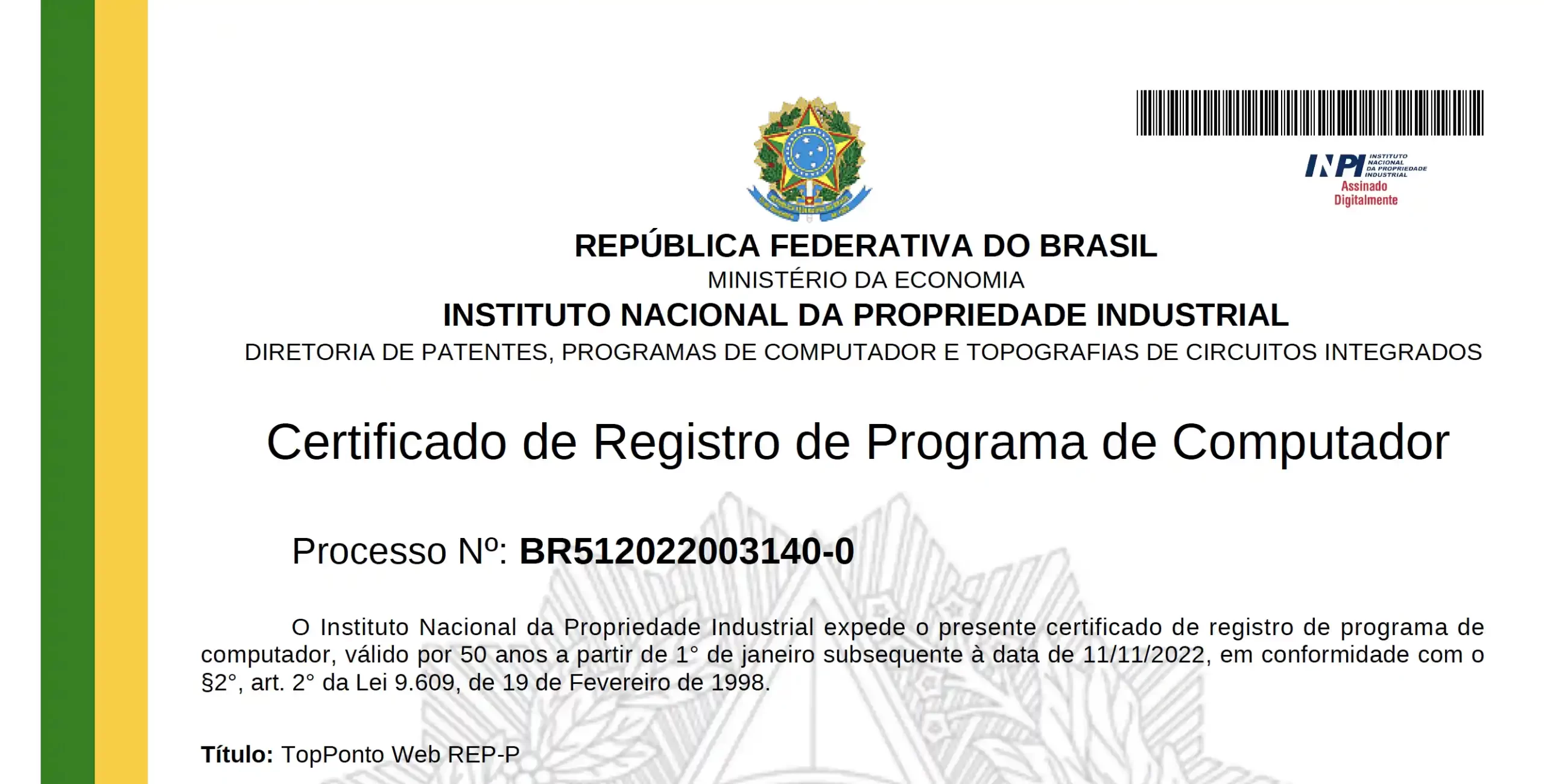 Certificado INPI do REP-P - TopPonto Web